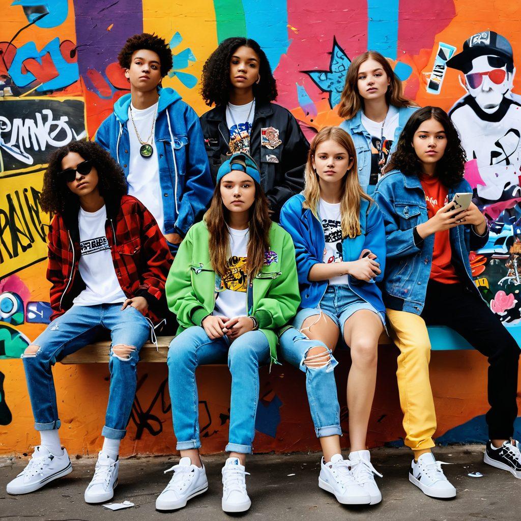 A vibrant collage illustrating various teenage trends, featuring diverse teens engaged in activities like skateboarding, using smartphones, and participating in music festivals. Elements of pop culture should be depicted, including fashion items like oversized jackets, retro sneakers, and iconic movie references. The background should showcase urban settings with graffiti art and colorful posters. super-realistic. vibrant colors. 3D.