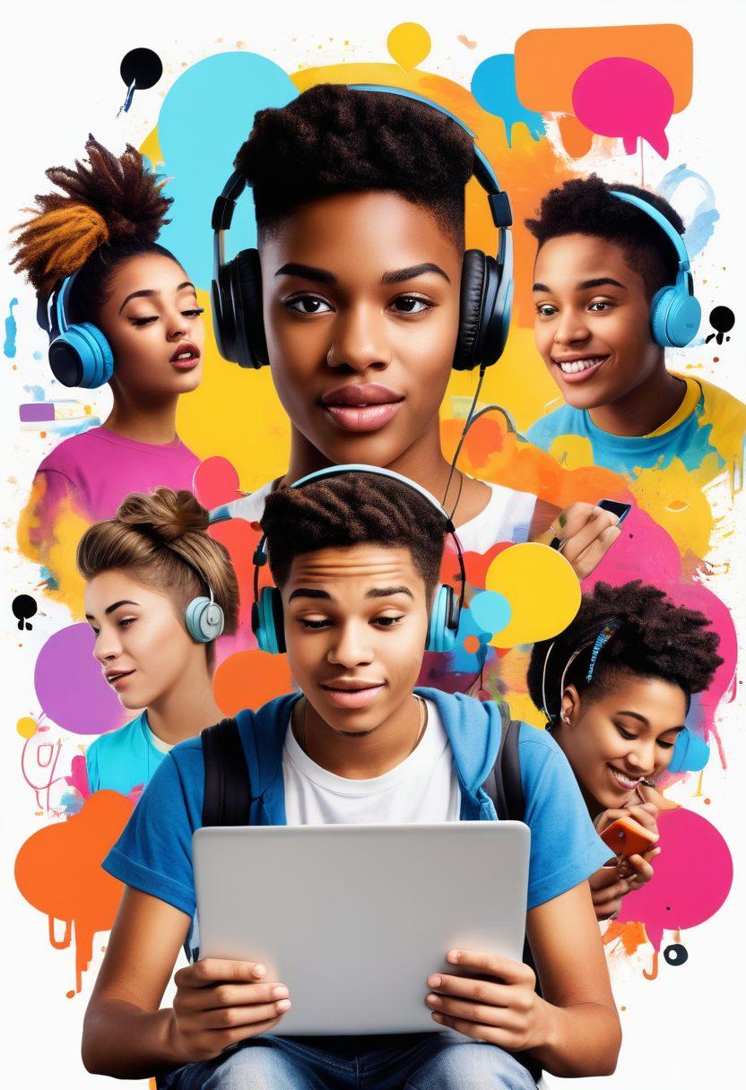 A vibrant collage of diverse teenagers engaging with digital devices such as smartphones and laptops, surrounded by colorful speech bubbles and emojis representing their thoughts and conversations. The setting features an urban backdrop with graffiti art that symbolizes modern youth culture. Include elements like headphones or skateboards to emphasize their lifestyle. super-realistic. vibrant colors. white background.