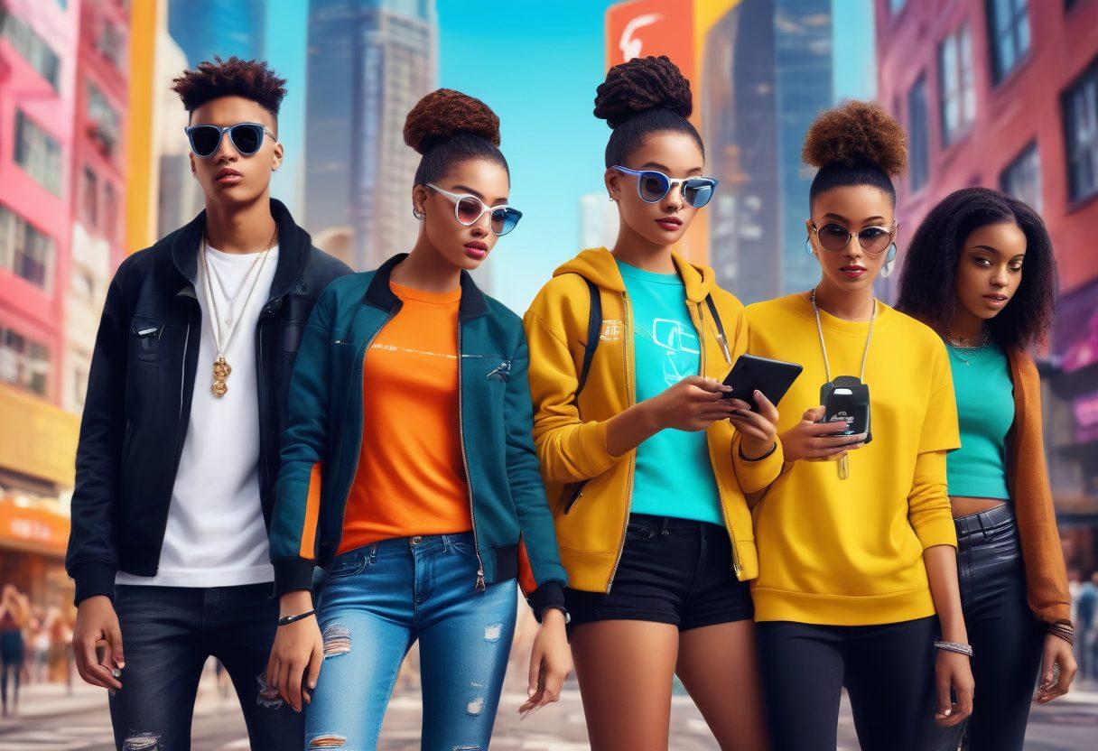A diverse group of modern youth engaged in digital interactions, surrounded by symbols of social media, technology, and fashion trends. Vibrant cityscape in the background, showcasing urban culture, while individuals express excitement through fashion and gadgets. Each person represents unique styles reflecting current trends. super-realistic. vibrant colors. dynamic composition.